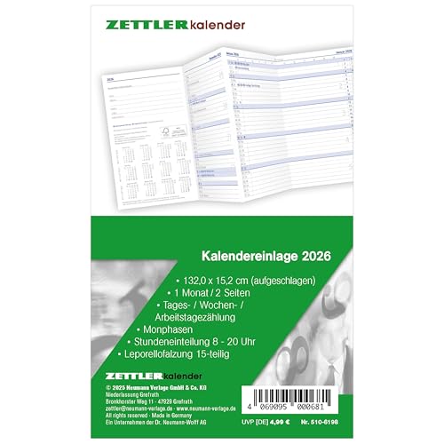 Kalender-Ersatzeinlage 2026 - für den Taschenplaner Leporello Typ 510-8,8 x 15,2 cm - 1 Monat auf 2 Seiten - separates Adressheft - 501-6198 Kalender-Ersatzeinlage 2026 - für den Taschenplaner Leporello Typ 510-8,8 x 15,2 cm - 1 Monat auf 2 Seiten - separates Adressheft - 501-6198 von Zettler