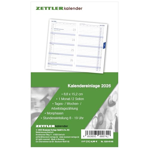 Zettler Kalenderersatzeinlage TP 1M/2S 2026 – Ersatzkalendarium 9 × 15 cm für Taschenplaner Typ 520, 32 Seiten, 1 Monat auf 2 Seiten, Stundeneinteilung 8–19 Uhr, Feiertage, FSC von Zettler
