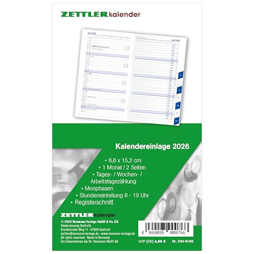 Zettler Kalenderersatzeinlage TP 1M/2S Registerschnitt 2026 – Ersatzkalendarium 9 × 15 cm für Taschenplaner Typ 530, 16 Blatt, 1 Monat auf 2 Seiten, Stundeneinteilung 8–19 Uhr, FSC von Zettler