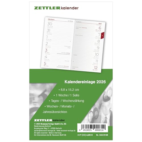 Zettler Kalenderersatzeinlage TP 1W/1S 2026 – Ersatzkalendarium 9 × 15 cm für Taschenplaner Typ 540, 64 Blatt, 1 Woche auf 1 Seite, Sonn- & Feiertage, Wochenzählung, Sonnenzeiten, geheftet, FSC von Zettler