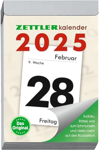Tagesabreißkalender L 2025 - 6,6x9,9 cm - 1 Tag auf 1 Seite - mit Sudokus, Rezepten, Rätseln uvm. auf den Rückseiten - Bürokalender 304-0000 von Zettler