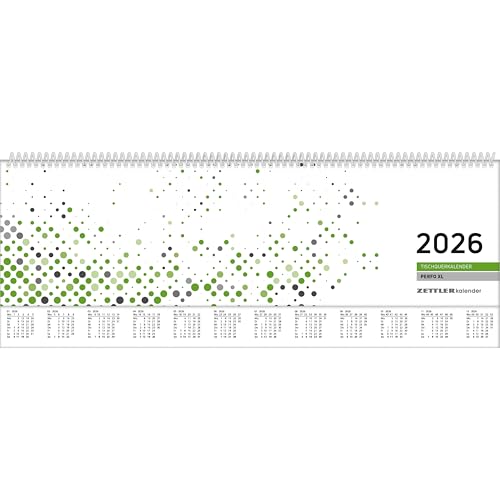 Tischquer-Kalender 2026 36,2x13,6-1W/2S grün/weißes Papier - verlängerte Rückwand - grün - Bürokalender 36,2x13,6-1 Woche 2 Seiten - Stundeneinteilung 7-20 Uhr - 137-0013-1 von Zettler