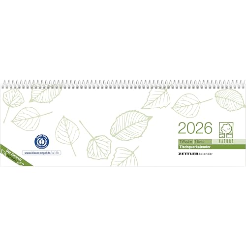Zettler Tischquerkalender 1W/1S Blauer Engel Recycling 2026 – Wochenkalender 30 × 10 cm, 1 Woche auf 1 Seite, FSC & Blauer Engel zertifiziert, nachhaltiger Bürokalender mit Stundeneinteilung 7–19 Uhr von Zettler
