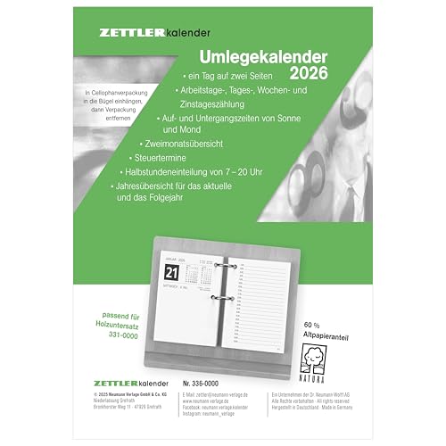 Umleg-Kalender 2026-8x10,8 cm - 1 Tag auf 2 Seiten - zum Einheften - Bürokalender mit 2-fach Lochung - Stundeneinteilung von 7-20 Uhr - 336-0000 Umleg-Kalender 2026-8x10,8 cm - 1 Tag auf 2 Seiten - zum Einheften - Bürokalender mit 2-fach Lochung - Stundeneinteilung von 7-20 Uhr - 336-0000 von Zettler