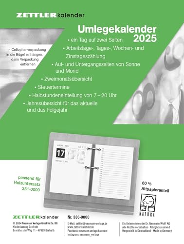 Umlege-Kalender 2025 - 8x10,8 cm - 1 Tag auf 2 Seiten - zum Einheften - Bürokalender mit 2-fach Lochung - Stundeneinteilung von 7 - 20 Uhr - 336-0000 von Zettler