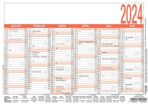 ZETTLER Arbeitstagekalender 2024, im Format A5 (21 x 14,8 cm), Halbjahresplaner mit 6 Monaten auf einer Seite, Kalender im Plakatformat von Zettler