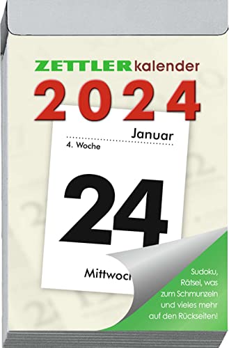 ZETTLER Tagesabreißkalender L 2024, im Format 6,6 x 9,9 cm, Bürokalender mit Wochenzählung und spannenden Rezepten und Räseln auf der Rückseite von Zettler