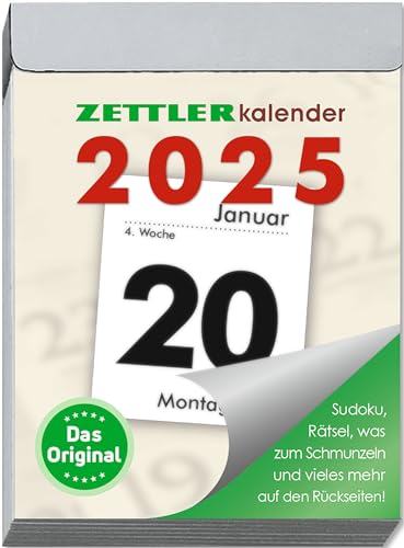 Zettler Tagesabreißkalender M 2025 5,4x7,2 cm Bürokalender 1 Tag auf 1 Seite mit Sudokus, Sprüchen, Rätseln uvm. Auf den Rückseiten von Zettler