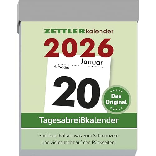 Zettler Tagesabreißkalender M 2026 – Abreißkalender 5 × 7 cm, 1 Tag pro Seite mit Sudoku, Sprüchen, Rätseln & Rezepten auf den Rückseiten, FSC-zertifiziert von Zettler