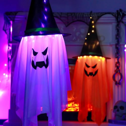 12 Stück Hängende Geister Hexe Hut: Geister Mit Hexenhut Lichterkette 8 Licht Modi batteriebetrieben für Party Innen Terrasse Vorgarten Geeignet für Halloween-Dekoration von Zevmi