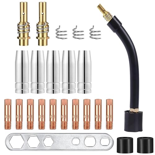 24 Stück Verschleißteile Set：Hochwertiges Kupfer Glattes Schweißen MB15AK MIG Schweißbrennerdüse Düse 5x Gasdüse 5x Düsenstock 10x Stromdüse M6 0,8 mm 2x Isolator 1x Werkzeug 1x Brennerhals von Zevmi