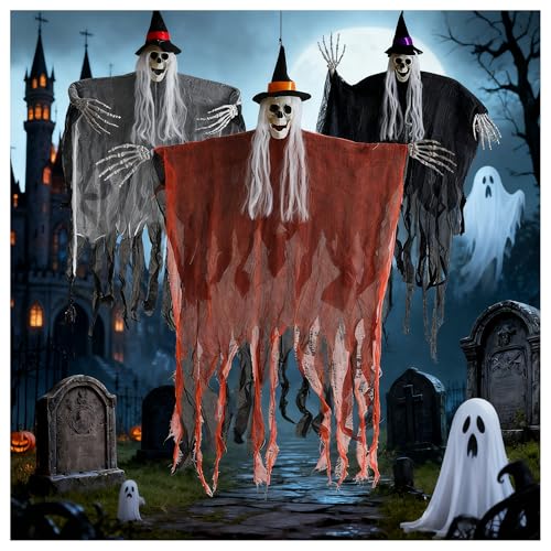 3 Pack Halloween Deko Outdoor: Gruselig Halloween Sensenmann Hängede Skelett Geister Dekorationen 100 × 75 cm Hängender Sensenmann für Garten Party Spukhaus (Orange Schwarz Grau) von Zevmi
