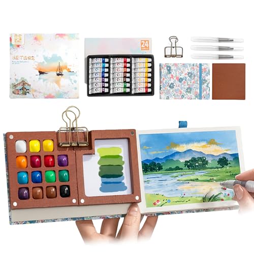 Mini Malkasten Aquarell Set: Tragbare Aquarellfarben Travel Kit mit Binder-Clips Holz 8 Gitter Paletten Stiftel Aquarellpapier für Maler Studenten Künstler Mini Malkasten Aquarell Set: Tragbare Aquarellfarben Travel Kit mit Binder-Clips Holz 8 Gitter Paletten Stiftel Aquarellpapier für Maler Studenten Künstler von Zevmi