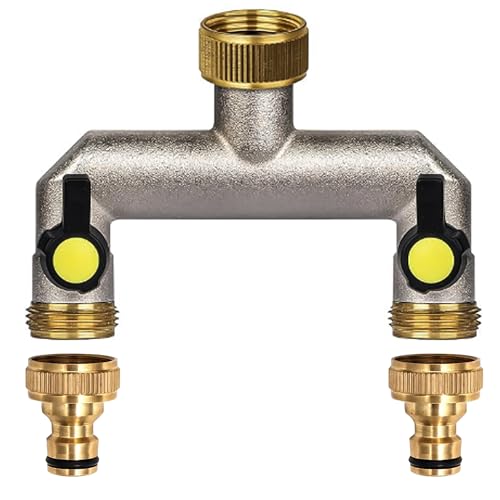 Zevmi 2-Wege Wasserhahn Wasserverteiler aus Messing: 3/4 Zoll Verteiler Wasser mit 2 Stück 3/4 Zoll auf 1/2 Zoll Hahnanschluss für Gartenschläuche Haus Hof von Zevmi