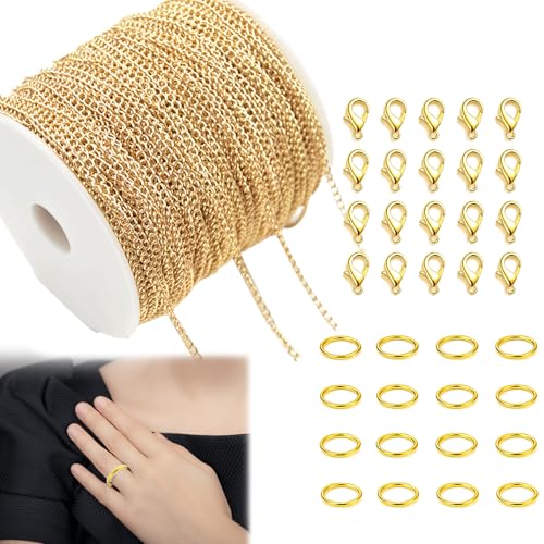 61-teiliges Gliederkette Gold, DIY Ketten Set selber Machen, 20 Meter Schmuck Basteln Zubehör Mit 20 Karabinerverschlüssen, 40 Ringen, Jewelry Making Kit Für Individuelle Designs von ZexJpr