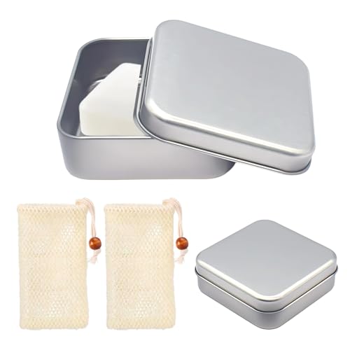 Seifendose 2er Set Inklusive Seifensäckchen, Reise Seifenbox mit Abtropffunktion, 8x8cm Seifenschale aus Metall, Kompakte Aufbewahrung für Unterwegs von ZexJpr