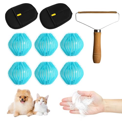 ZexJpr 9-teilig Tierhaarentferner Handschuh, Handschuhen Zur Tierhaarentfernung, Fusselroller Und 6 Wäschebällen, Effektive Entfernung Von Katzen- Und Hundehaaren Von Kleidung Und Möbeln von ZexJpr
