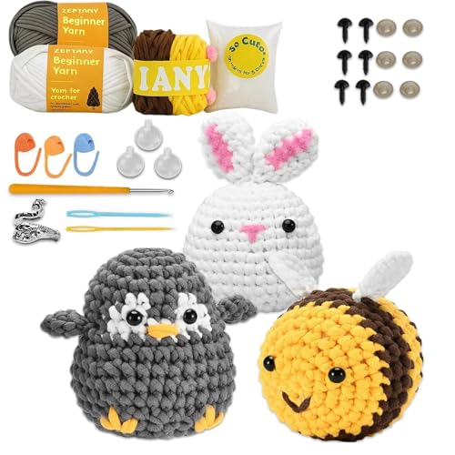 ZexJpr Häkelset Für Anfänger, Crochet Set, Stricken für Anfänger, DIY Häkeln Kit Mit Biene, Hase Und Pinguin, Set für Erwachsene und Kinder mit DIY-Strickzubehör von ZexJpr