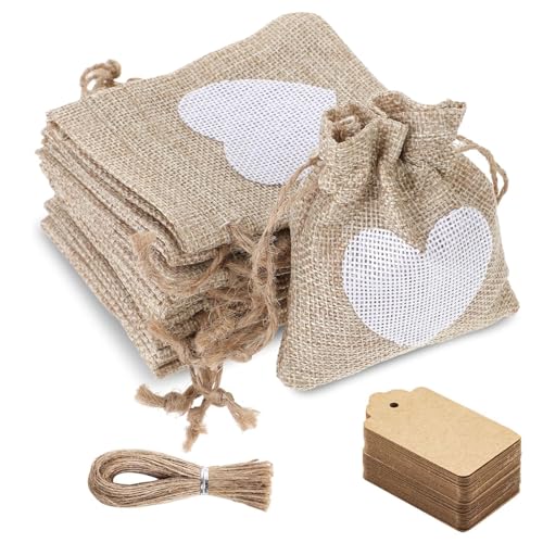 ZexJpr Kleine Säckchen Zum Befüllen, Geschenkset, 20 Stoffbeutel Mit Herz, 20 Papierkarten Und 20 Juteschnüre, Ideal Für DIY Geschenkverpackung, Hochzeitsfavoriten Und Kinderpartys von ZexJpr