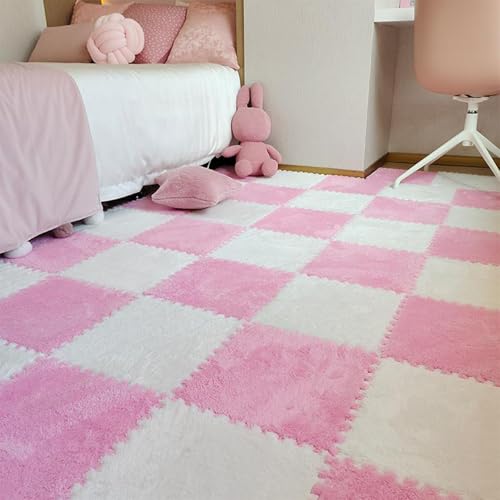 Zeyeo 100 Stück 12" X 12" X 1cm Weiche Plüsch-Fußmatten Aus Ineinander Greifendem Schaumstoff Für Spielzimmer, Heimdekoration(Pink+White) von Zeyeo