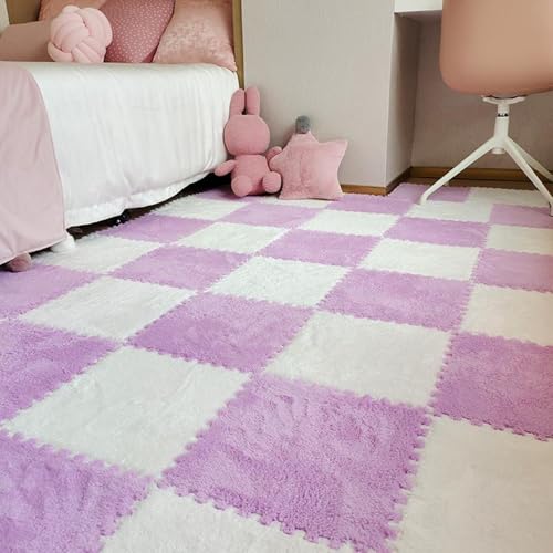 Zeyeo 100 Stück 12" X 12" X 1cm Weiche Plüsch-Fußmatten Aus Ineinander Greifendem Schaumstoff Für Spielzimmer, Heimdekoration(Purple+White) von Zeyeo