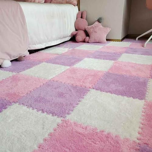 Zeyeo 12 Stück 12" X 12" X 1cm Weiche Plüsch-Fußmatten Aus Ineinandergreifendem Schaumstoff Mit Rändern Für Spielzimmer Und Fitnessstudio(Pink+Purple+White) von Zeyeo