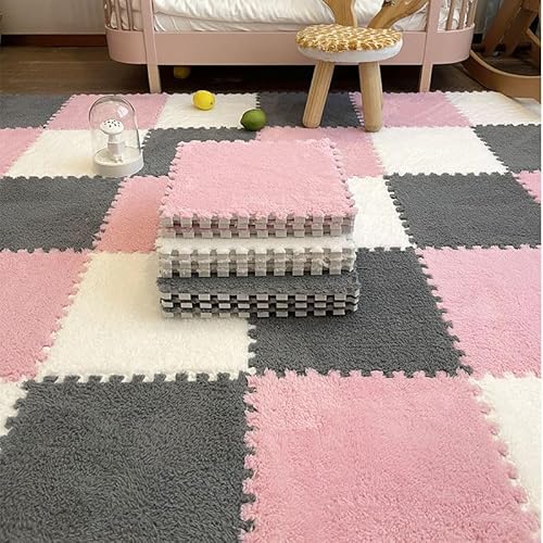 Zeyeo 12 X 30,5 cm Ineinander Greifende Plüschschaummatten – 0,4 Zoll/1 cm Dick, 12 Stück Für Wohnzimmer Und Schlafzimmer(Pink White Gray) von Zeyeo