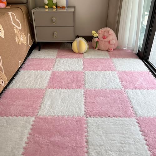 Zeyeo 12x12 Zoll 0,4 Zoll Dick 12 Stück Ineinander Greifende Flauschige Eva-Schaum-Bodenmatten(Pink White) von Zeyeo