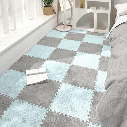 Zeyeo 12x12 Zoll 0,4 Zoll Dicke Ineinander Greifende Schaumstoff-Bodenfliesen 30 Stück Plüschmatten Mit Rändern(Light Blue+Gray) von Zeyeo