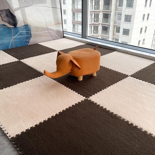 Zeyeo 16 Stück Plüsch-Fußmatten Aus Ineinander Greifendem Schaumstoff Mit Rand, 12 X 12 Zoll, 0,4 Zoll Weiche Quadratische Fliesen(Dark Brown+apricot) von Zeyeo