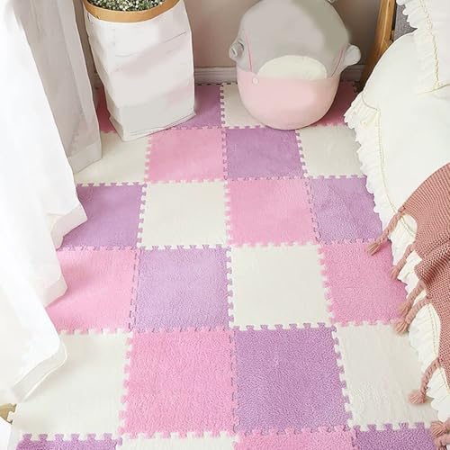 Zeyeo 18 Stück 30x30 cm 0,4 Zoll Dicke Ineinander Greifende Plüschschaum-Teppichfliesen Mit Rändern(Pink Purple White) von Zeyeo