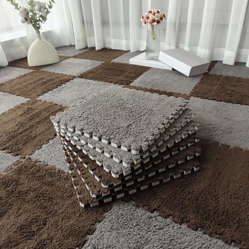 Zeyeo 18 Stück Ineinander Greifende Plüschschaum-Fußmatten Mit Rand, 12 X 12 Zoll, 0,4 Zoll Weiche Quadratische Fliesen Für Zuhause(Dark Brown Gray) von Zeyeo