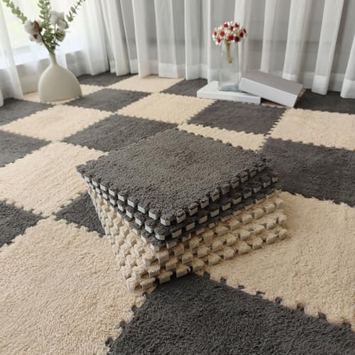Zeyeo 18 Stück Ineinander Greifende Plüschschaum-Fußmatten Mit Rand, 12 X 12 Zoll, 0,4 Zoll Weiche Quadratische Fliesen Für Zuhause(Gray Apricot) von Zeyeo