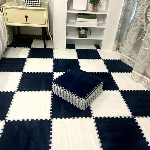 Zeyeo 18 Stück Ineinander Greifende Plüschschaum-Fußmatten Mit Rand, 12 X 12 Zoll, 0,4 Zoll Weiche Quadratische Fliesen Für Zuhause(White Navy) von Zeyeo