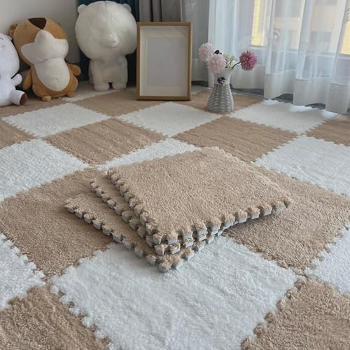 Zeyeo 24 Stück 12" X 12" X 1cm Dicke, Weiche Plüsch-Fußmatten Aus Ineinandergreifendem Schaumstoff Mit Kanten(Apricot+White) von Zeyeo