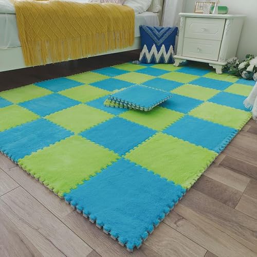 Zeyeo 24 Stück 12" X 12" X 1cm Dicke, Weiche Plüsch-Fußmatten Aus Ineinandergreifendem Schaumstoff Mit Kanten(Green 1+Dark Blue) von Zeyeo