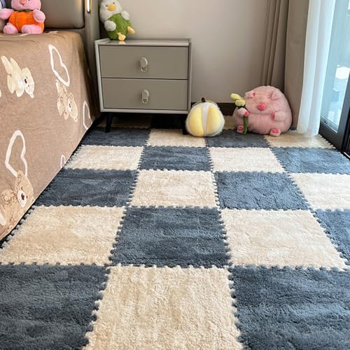 Zeyeo 24 Stück 12" X 12" X 1cm Flauschige Ineinander Greifende Schaumstoff-Bodenfliesen Plüsch-Teppichmatten Für Die Inneneinrichtung(Gray Apricot) von Zeyeo