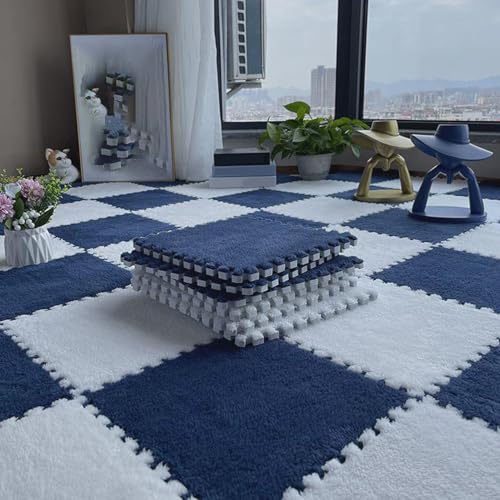 Zeyeo 24 Stück 12x12 Zoll (30,5 X 30,5 cm) 0,4 Zoll (1 cm) Flauschige, Ineinander Greifende Schaumstoff-Teppichfliesen Aus Plüsch Mit Kanten(Navy Blue+White) von Zeyeo
