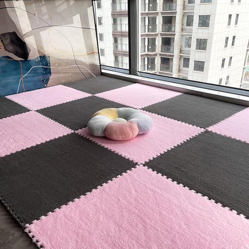 Zeyeo 24 Stück 12x12 Zoll 0,4 Zoll Dick Ineinander Greifende Plüschschaum-Teppichfliesen, Maschinenwaschbar(Gray+pink) von Zeyeo