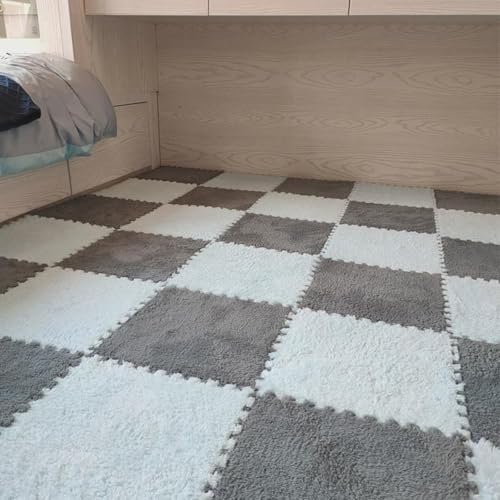 Zeyeo 24 Stück Flauschige Quadratische Puzzle-Schaumstoff-Teppichfliesen, Verdickte, Weiche Ineinander Greifende Fußmatten 12 X 12 Zoll 0,4 Zoll Mit Kanten(Light Blue+Gray) von Zeyeo
