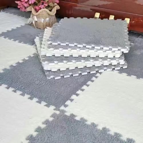 Zeyeo 24 Stück Shaggy Plüsch Ineinander Greifende Eva-Schaum-Fußmatten, 12x12in 0,4in Für Zuhause(Gray+White) von Zeyeo