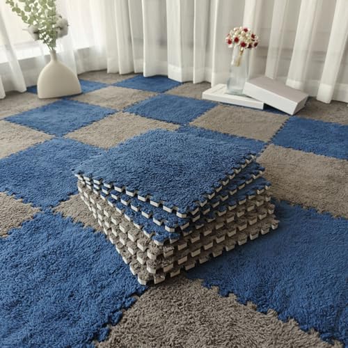Zeyeo 24 Stücke Plüsch Ineinander Greifen Teppich Fliesen 12 "x 12" X 1cm Shaggy Eva Schaum Matten Für Boden(Navy Blue+Gray) von Zeyeo