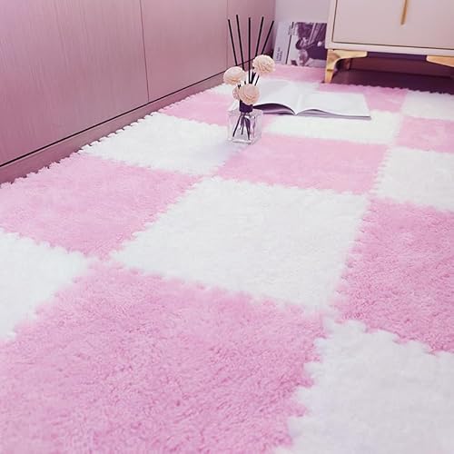 Zeyeo 28 Stück 12" X 12" X 1cm Weiche Plüsch-Fußmatten Aus Ineinander Greifendem Schaumstoff Für Schlafzimmer, Wohnzimmer, Dekoration(Pink White) von Zeyeo
