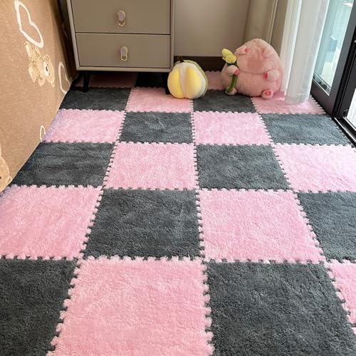 Zeyeo 30 Stück Ineinander Greifende Bodenfliesen Aus Plüschschaum Mit Rand, 12 X 12 X 1 cm, Weiche Teppiche Für Das Spielzimmer Zu Hause(Gray Pink) von Zeyeo