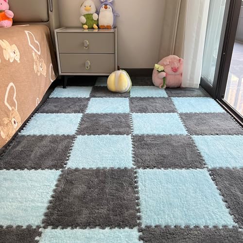 Zeyeo 4 Stück 12" X 12" X 1cm Weiche Plüsch Ineinander Greifende Eva-Schaum-Fußmatten Für Wohnzimmer Schlafzimmer(Gray+Light Blue) von Zeyeo