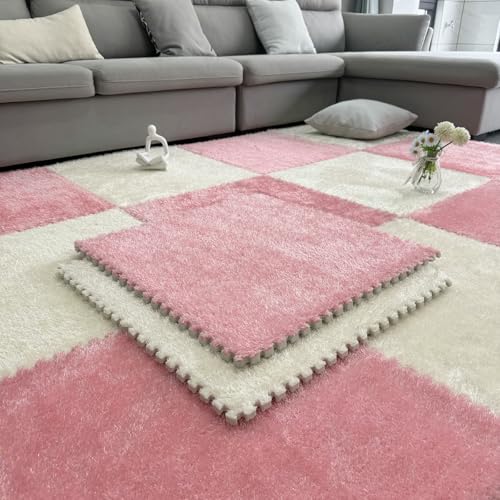 Zeyeo 40 Stück Ineinander Greifende Plüsch-Teppichfliesen, 30 X 30 X 1 cm, Puzzle-Schaumstoff-Bodenmatten Für Spielzimmer(Pink White) von Zeyeo
