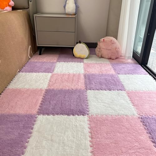 Zeyeo 50 Stück 12x12 Zoll (30,5x30,5 cm) 0,4 Zoll (1 cm) Flauschige Ineinander Greifende Eva-Schaum-Fußmatten Für Zuhause(Pink Purple White) von Zeyeo