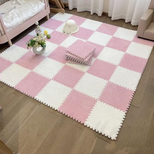 Zeyeo 60 Stück 12x12 Zoll (30,5 X 30,5 cm) 0,4 Zoll (1 cm) Plüsch-Ineinander Greifende Schaumstoff-Teppichfliesen Für Bodenbeläge(Pink White) von Zeyeo