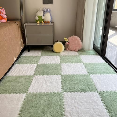 Zeyeo 60 Stück 12x12in (30x30cm) 0.4in (1cm) Plüsch Ineinander Greifende Schalldichte Schaumstoff-Fußmatten Für Zuhause(White+Green 2) von Zeyeo