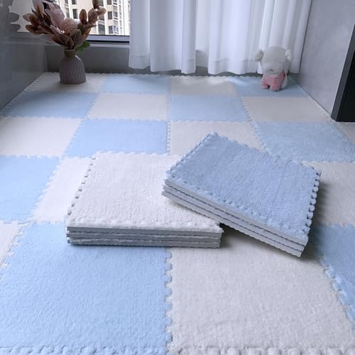 Zeyeo 60 Stücke 12 "x 12" X 1cm Plüsch Ineinander Greifen Teppich Fliesen Schaum Fußmatten Für Spielzimmer(White+Light Blue) von Zeyeo